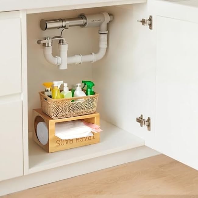 Bamboo Garbage Bag Dispenser Roll Holder - Wall Mount Trash Bag Organizer for 13-33 Gallons, Under Sink Kitchen Grocery Bag Storage Container