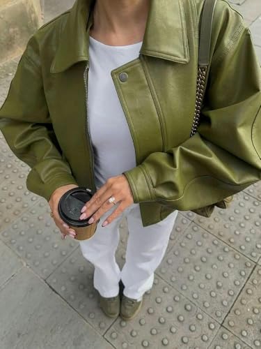 Leather sleeve loose jacket lapel zipper short jacket casual high street jacket4