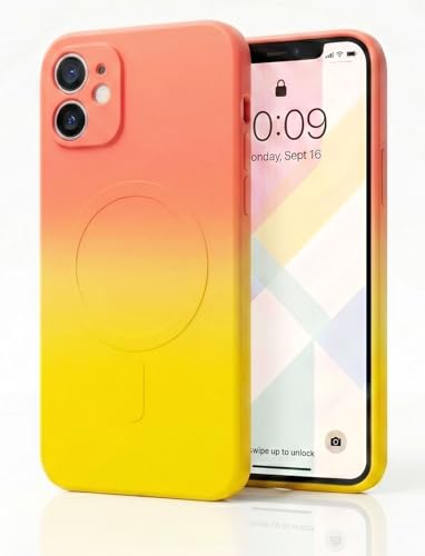 Image of amazon basics Gradient Mag-Safe Case for iPhone 11 | Soft Silicone Shockproof Cover with Camera Protection | Slim Lightweight Design | Smooth Touch & Durable - Orange & Yellow