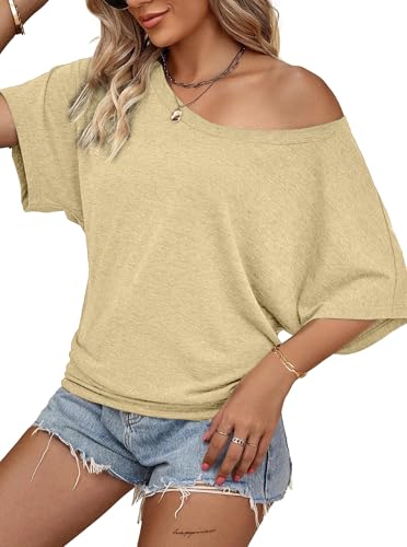 Image of Hilinker Womens Sexy Off The Shoulder Tops Short Batwing Sleeve T Shirt Oversized Casual Tee Beige Large