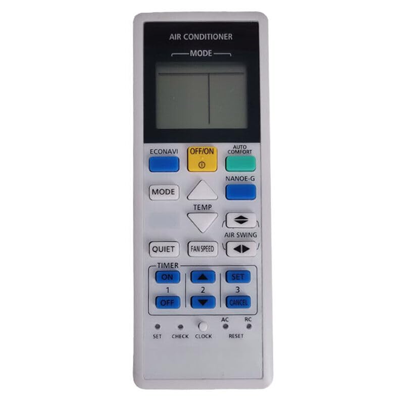 Front view of the XINFUTE replacement remote control for Panasonic air conditioners, showing the LCD screen and various function buttons.