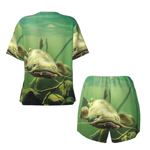 Ensemble de pyjama 2 pièces pour femme imprimé poisson-chat col rond