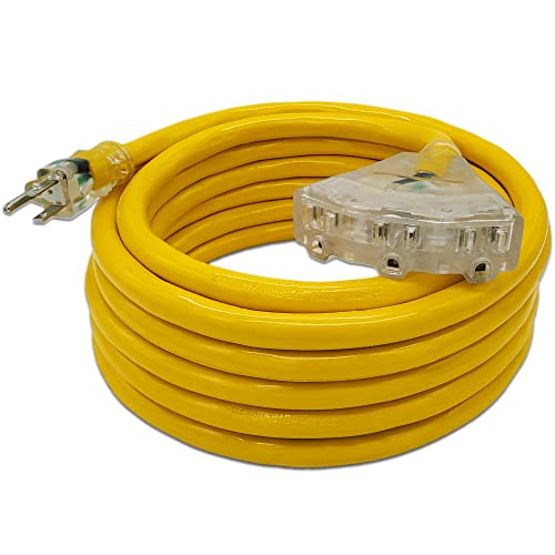 25-ft 10/3 Heavy Duty 3-Outlet Lighted SJTW Indoor / Outdoor Extension Cord by Watt's Wire - 25' 10-Gauge Grounded 15-Amp Power-Cord (25 Foot 10-Awg)