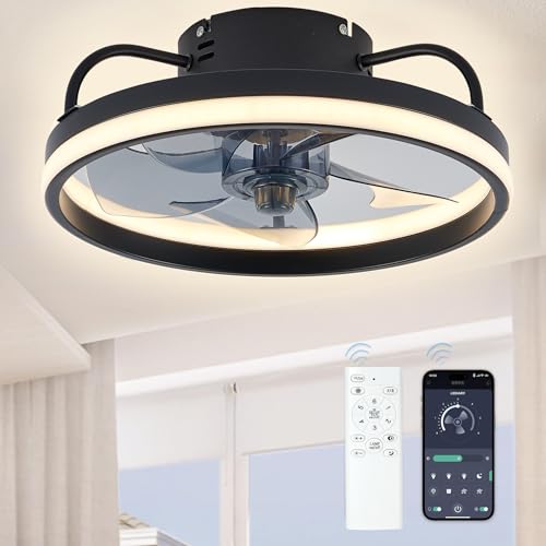 Jowue - Ventilador de techo silencioso de 33/50 cm con luces, reversible, ventilador de techo con mando a distancia, iluminación de 3 colores y 6 velocidades, para salón, comedor, dormitorio (negro