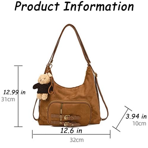 Slouchy Shoulder Bag Suede Hobo Shoulder Bag with Cute Charm Buckle Front Pocket Vintage Convertible Suede Backpack Alt Retro Fall Purse for Daily Party Work 2025 (Black)3