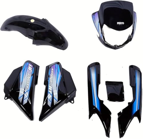 Image of GS Auto House Body Fiber Kit Compatible with Hero HF Deluxe - Full Set (Front Mudguard, Headlight Visor, Side Panels, Tail Panel) - High-Grade ABS Plastic - Black Blue