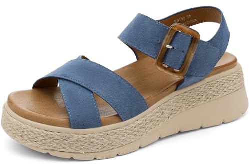 Image of UBFEN Womens Espadrille Platform Sandals Low Wedge Heel - Orthopedic Arch Support, Cushion Insole, Comfortable Dressy Buckle Sandals for Walking and Vacation