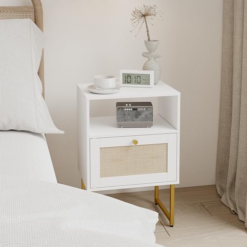 Image of JOONEE Rattan Nightstand,Farmhouse Bedside Table with Storage Drawer and Open Shelf,Modern Boho Small Gold Frame Side End Table for Bedroom,Living Room,Office(White)