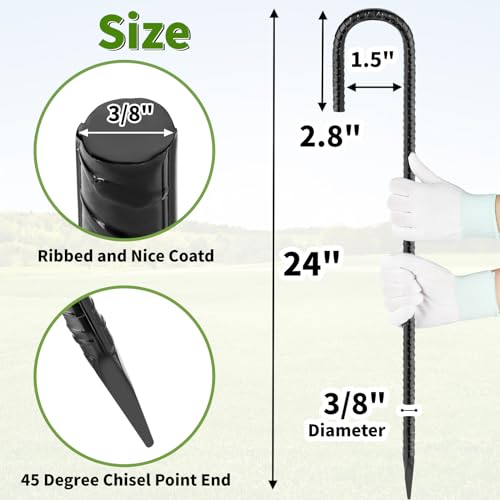 Besitu 24 inches J Hook Rebar Stakes (16-Pack), Extra Long Garden Stakes with Chisel Point End Steel Rebar Ground Stakes for Tent Chain Link Fence and Outdoor Decorations Black Coated by Besitu - Image 2