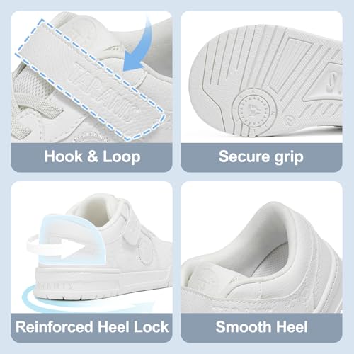 Boys Girls Classic Skate Shoes, Little/Big Kids School Walking Shoes with Adjustable Hook and Loop Strap Comfortable Breathable Athletic Tennis Sneakers 5.5-6Years White by TARANIS - Used condition - Image 4