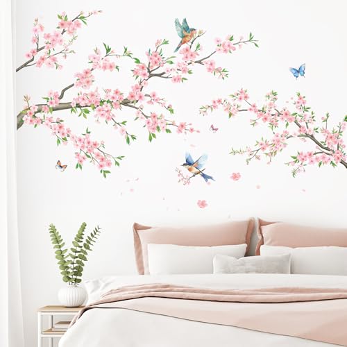 SHUCHING Stickers Muraux Fleurs de Cerisiers, Autocollant Mural Branche de Fleur Rose, Décoration Murale pour Chambre Salon