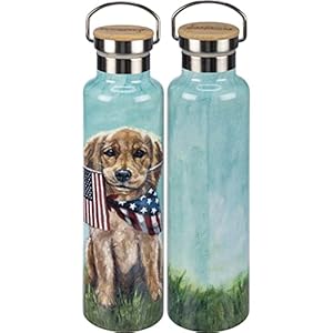 Primitives by kathy puppy dog with american flag insulated stainless steel watter bottle thermos 25 oz  urban country home decor