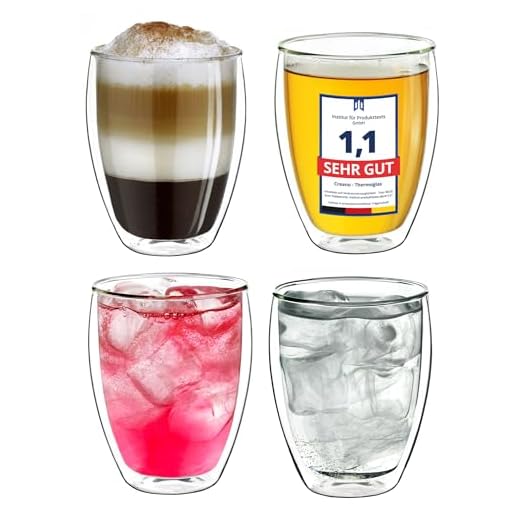 Creano Thermogläser doppelwandig 250ml „DG-Hoch“, 4er Set, große doppelwandige Gläser aus Borosilikatglas, Kaffeegläser, Teegläser, Latte Macchiato Gläser