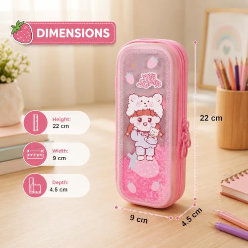 Image of WISHKEY Hard Shell EVA Pencil Box for Girls Cute Cartoon Glitter Pencil Case with Mesh Pocket, Elastic Pen Holder & Dual Zipper Large Capacity Water Resistant Stationery Organizer for School Kids