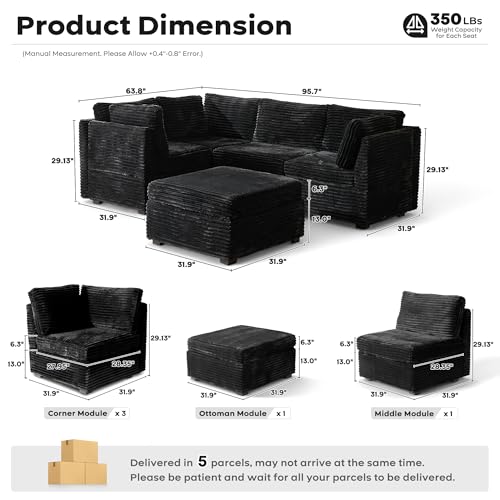Image of ovios Modular Sectional Sofa Couch with Sofa Bed L-Shape Chaise, Comfy Plush Corduroy Cloud Couches, Modern Luxury Deep Seat Sofas Set for Living Room, 5-Seater, Black