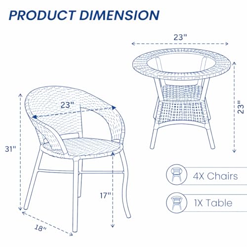 Image of Lotey Outdoor D-12 Chairs Table Set 4+1 Wicker Patio Furniture Sets 4 Chair and 1 Table with Cushions for Garden Balcony Bedroom Powder Coated Frame Uv Protected Wicker (Cream +Yellow)