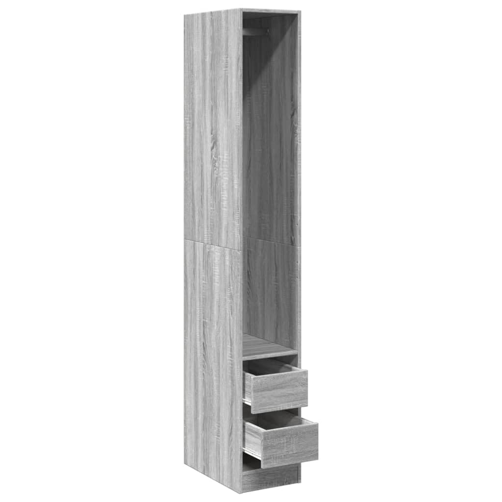 Kleiderschrank Grau Sonoma Holzwerkstoff 30x50x200 cm mit Fach und 2 Schubladen, kompakter Flurschrank für Schlafzimmer und Ankleidezimmer, Stauraum für Kleidung und Ordnung