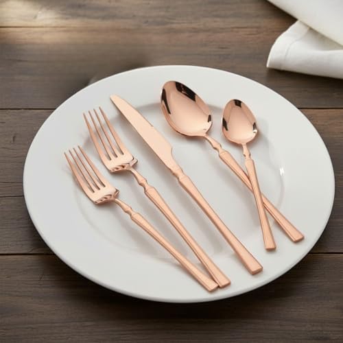 Image of 5 Pcs Rosegold Cutlery Set for Dining Table the Perfect Lightweight Silim Handle Tableware Including Dinner Spoon, Dinner Fork, Dinner Knife, Dessert Spoon & Dessert Fork
