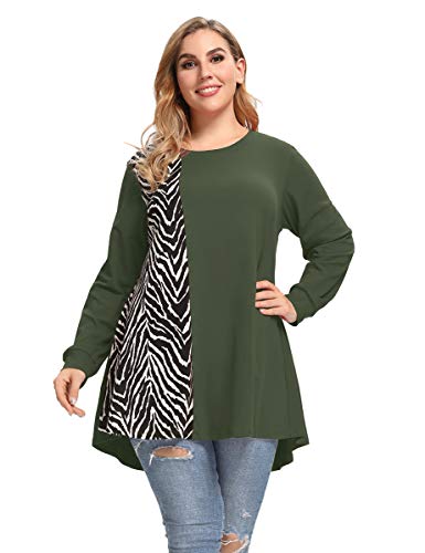 LARACE Plus Size Sweatshirts Lightweight Animal Print Tops For Women Long Sleeve Tunic Loose Pullover Color Block T-shirts(Army Green 4X)
