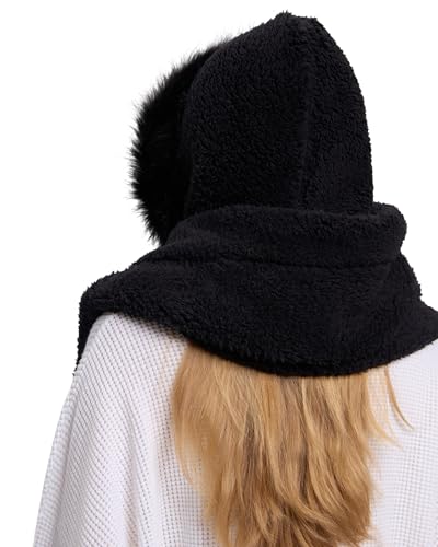 Winter Faux Fur Fuzzy Trim Sherpa Hooded Scarf Cute 3-in-1 Scarf Hat Gloves Set for Women3