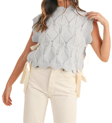 Image of Women Side Tie Sweater Vest Scallop Trim Mock Neck Knit Vest Bow Lace Up Ribbon Sweater Tank Top Knitwear