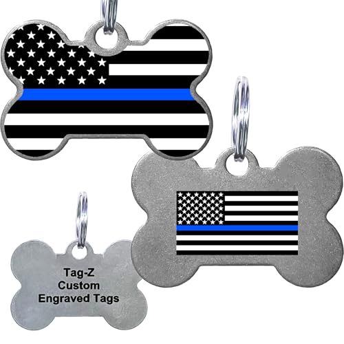 Thin Blue Line Flag, Police & Low Enforcement, Pet ID Tags, Custom Printed and Laser Engraved, Stainless Steel Bone Shape Includes Split Ring and Silencer