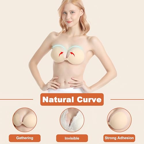 Image of LAZYROSY Sticky Bra Push Up Backless Bras Strapless Stick on Bra Invisible Adhesive Bra with Nipple Covers for Women (Nude, C)