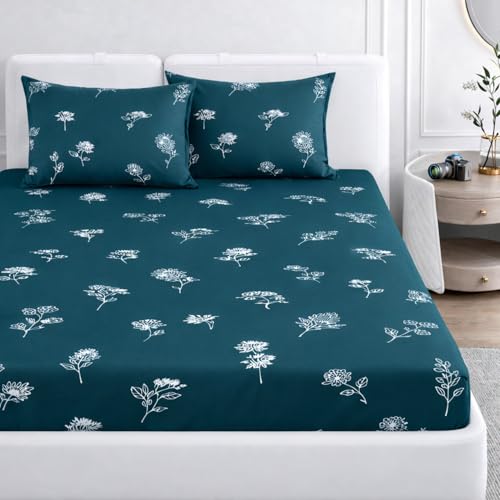 Image of Elastic Fitted King Size Bedsheet Cotton for Double Bed | 72 inchx78 inch +10 Inch, Floral, Soft & Breathable, Fade & Shrink Resistant, 2 Pillow Covers | Teal Meadow Whisper, Sea Teal