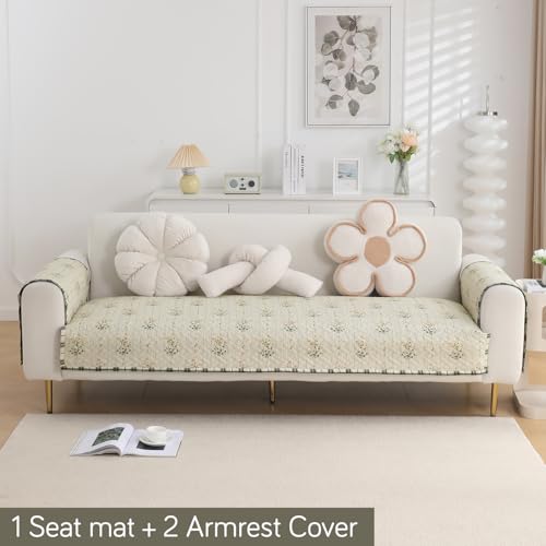 Image of HOKIPO 'HomeHues Series' Printed Quilted Sofa Seat Mat for 1 Seater Sofa with 2 Armrest Covers with Pockets, Light Green Ash Gypsy Flower (IN-806-D5 + IN-814-D5*2)