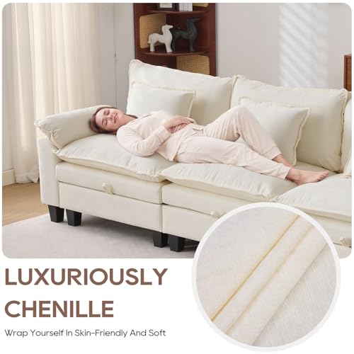 Image of IPKIG 151 inch Modular Cloud Couch with Storage, U Shaped Sectional Sofa with Ottoman & Pillow, Chenille Deep Seat Sectional Couches for Living Room, Apartment, White
