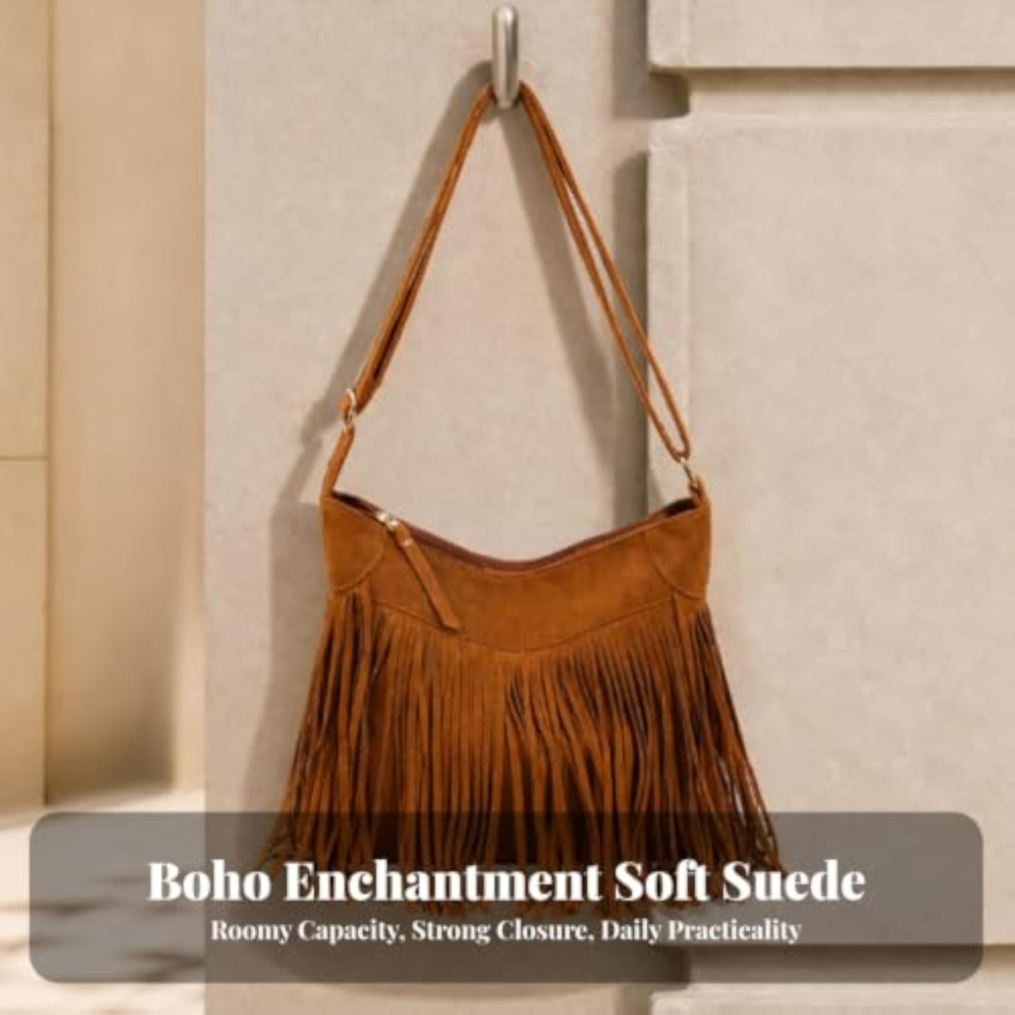 Medium-Sized Fringe Patchwork Shoulder Bag, Suede-Like