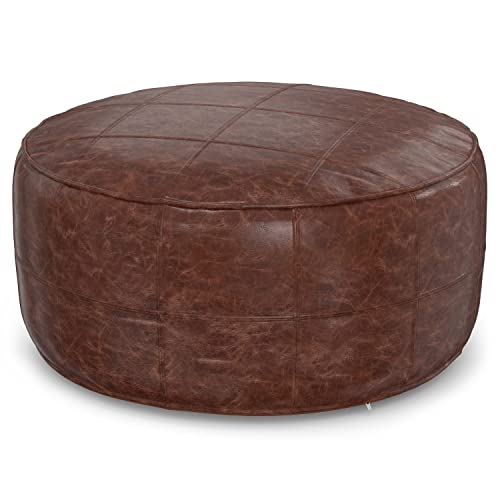 SIMPLIHOME Connor Boho Round 34 inch Round Coffee Table Pouf in Distressed Brown Genuine Leather for the Living Room, Bedroom and Kids Room