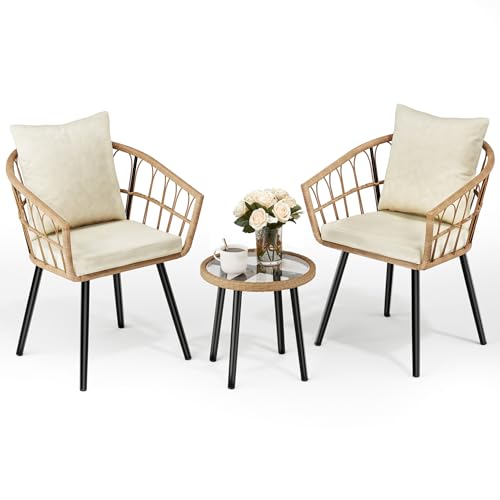 Pamapic Balkonset, 3-teiliges Rattan Balkonmöbel Set, Bistrotisch mit 2 Stühlen & Abnehmbaren Kissen, Gartenmöbel Set für Balkon, Terrasse, Veranda, Outdoor, Beige