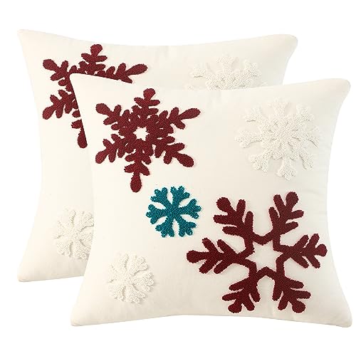 Tosleo Lot de 2 Housse de Coussin Noel 45x45 cm Flocons de Neige Blanc Taie d'oreiller Père Noël Joyeux Xmas en Hiver Parure de Oreiller de Décoration de Lit Deco pour Chambres Canapé Festival