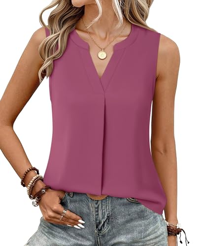 Timeson Women Sleeveless Blouse for Work,Summer Ladies Dress Shirts Womens V Neck Business Tank Tops Dressy Professional Chiffon Tunics Blouses Tanks Office Casual Wear High Low Hem Long Rose Medium