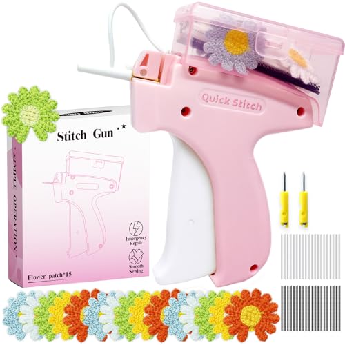 PHIXBEAR No Holes Micro Stitch Gun for Clothes, Mini Quick Stitch Sewing Gun, Clothing Repairs Hemming Tool Kit with 15 Flowers Built-in Storage Case 2 Needles 2000 Micro Fasteners