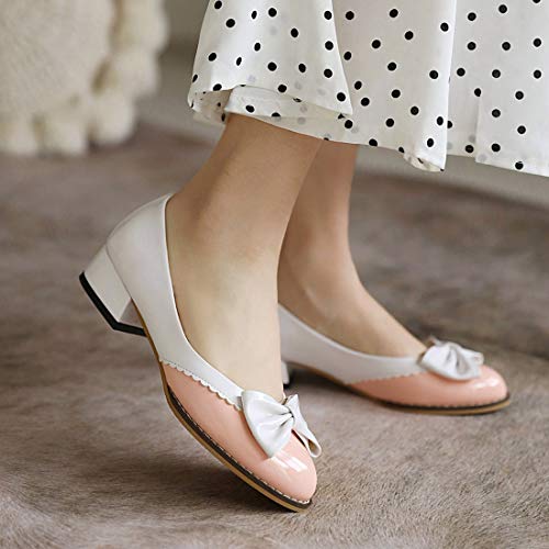 VOKLIN Women's Slip On Chunky Block Low Heeled Pump Shoes Round Toe Bow Patent Leather Two Toned Dress Shoes3