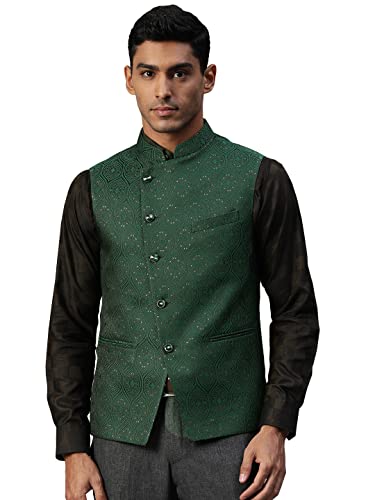 Image of MANQ Men Fawn Woven Jaquard Silk Nehru Jacket