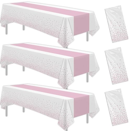 Image of White and Pink Party Decorations Tablecloth, 3 Pack Disposable Light Pink Dot Table Cover Printed Table Runner for Birthday Baby Bridal Shower Wedding Anniversary Graduation, 86in x 55in