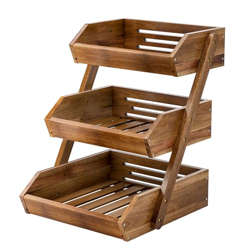 G.a HOMEFAVOR Cesta de Frutas Frutero de 3 Niveles Madera de Acacia, Soporte Para Verduras, Estante Para Aperitivos Y Encimera De Cocina