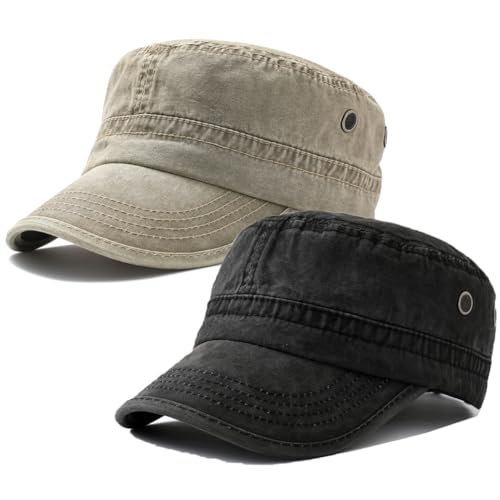 Image of 2 Pack Men's Cotton Military Caps Cadet Army Caps Vintage Flat Top Cap