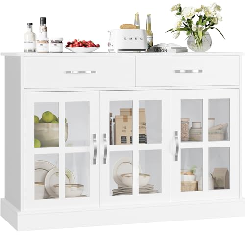 FirFurd Aparador Cocina con 3 Puertas de Cristal, Aparador Comedor, Vitrina Salón, Muebles de Salón, Vitrinas Expositora, 2 Cajones, Estantes Ajustables, Madera y Cristal, Blanco, 120x40x84cm