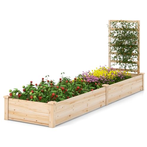 GOPLUS Jardinera con enrejado, bancal alto con enrejado, jardinera con suelo abierto, enrejado de madera de abeto, bancal de hierbas para patio, terraza (235 x 63 x 102 cm)