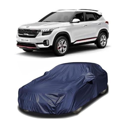 Image of Car Body Cover Compatible with Kia Seltos | Water, Dust & UV Protection | Mirror Pockets | Elastic Grip | Triple Stitch Seltos Car Cover (Blue)