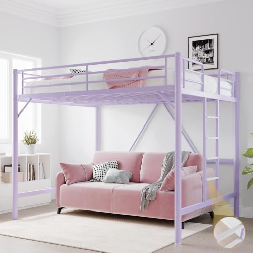 VINGLI Queen Loft Bed with Flat Rungs for Adults, Kids and Young Teens, No Box Spring Required,Heavy Duty Metal Slat Support, Purple