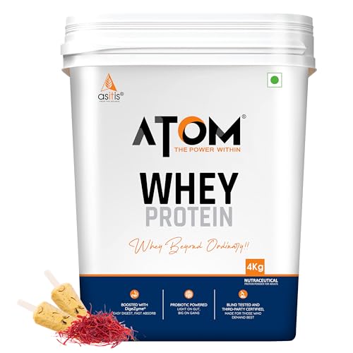 Image of Asitis Nutrition Atom Whey Protein 4Kilogram | 27G Protein | Isolate & Concentrate | Kesar Kulfi | Usa Labdoor Certified | With Digestive Enzymes For Better Absorption,111 Servings