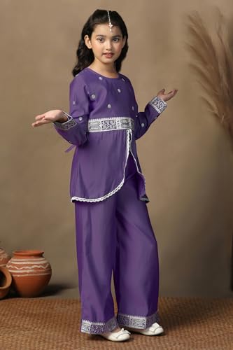 Image of Fashion Dream Girls Chanderi Silk Embroidered Top & Palazzo Set|Kids Salwar Suit|Ethnic Wear