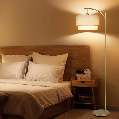 Image of SUNMORY Floor Lamps for Living Room with 12W LED Bulb, Arc Lamp with 3 CCT | Modern Floor Lamps with Adjustable Double Fabric Shades, Industrial Arched Lamp, Tall Standing Lamp for Bedroom, Corner