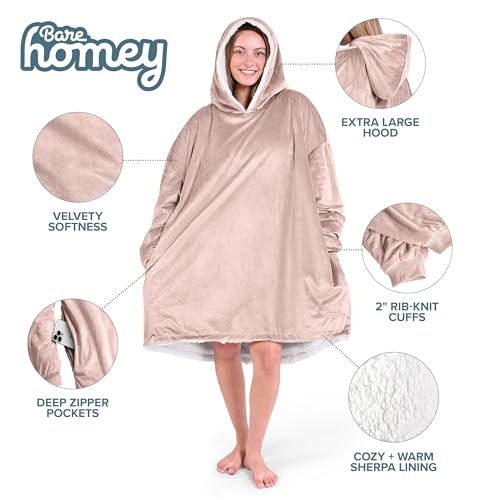 Image of Bare Home Wearable Blanket Hoodie - Soft Plush Sherpa - Warm and Cozy - Oversized Wearable Blanket