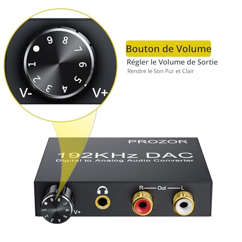 PROZOR 192KHz DAC Convertisseur Numérique SPDIF Optique Coaxial Toslink vers Analogique Audio Stéréo L/R RCA Jack 3,5mm Adaptateur Convertisseur Volume Réglable Box TV HD Blu-ray PS3 PS4 Xbox Amps – vue 3